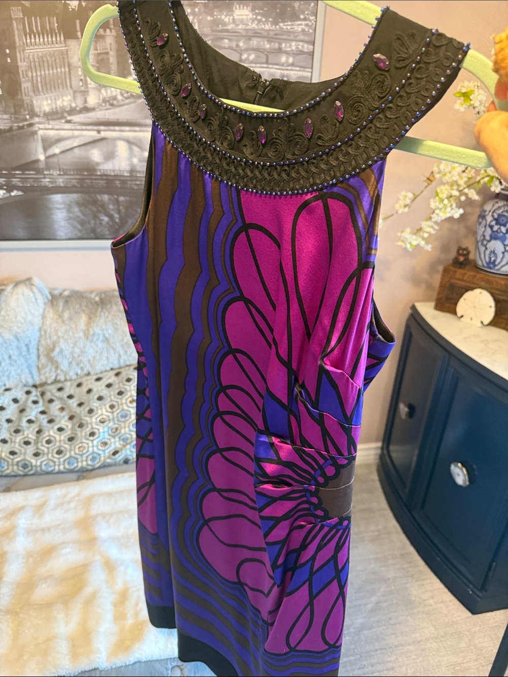 Silk Shift Dress. Purple & Black Pattern with Embellished Neckline
